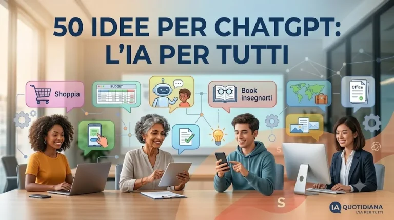 Quattro persone diverse usano ChatGPT per shopping, budget, imparare e organizzare viaggi e lavoro d'ufficio, rappresentando 50 idee pratiche per usarlo ogni giorno