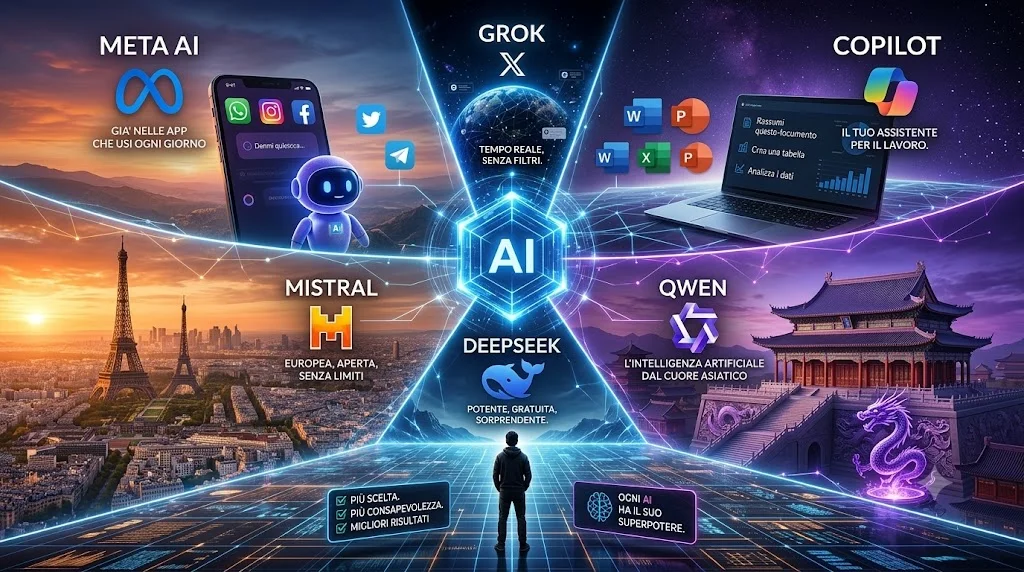 Sei riquadri con i loghi di Meta AI, Grok, Copilot, Mistral, DeepSeek e Qwen disposti attorno a una persona, a rappresentare le diverse intelligenze artificiali oltre ChatGPT