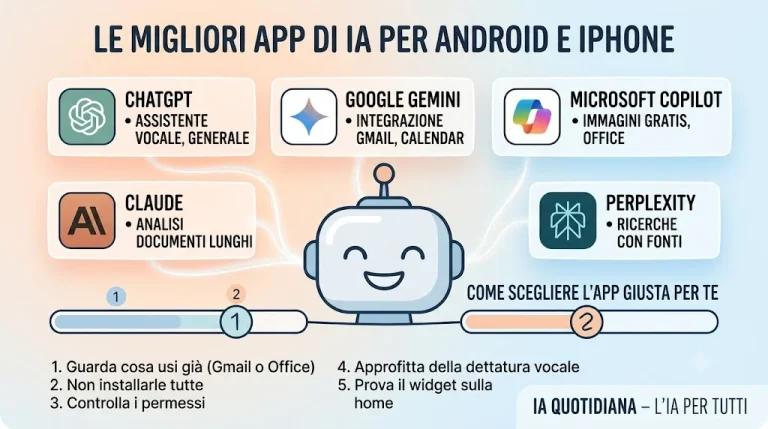 Robot sorridente circondato dai loghi delle app ChatGPT, Google Gemini, Microsoft Copilot, Claude e Perplexity, con consigli su come scegliere l'app giusta