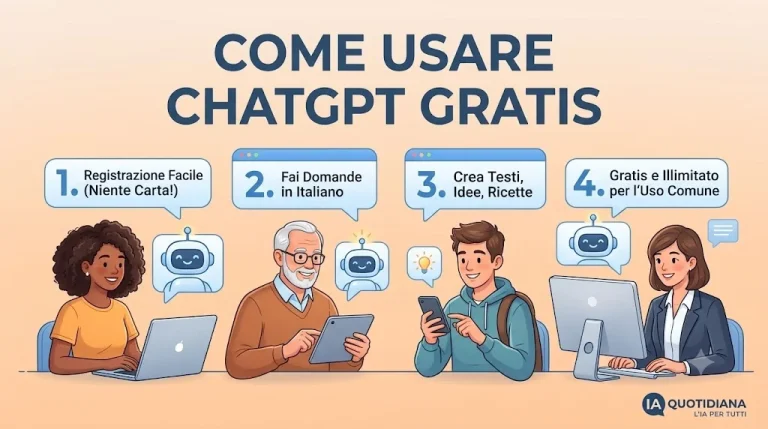 Quattro persone diverse usano ChatGPT gratis su laptop e telefono, con i passaggi: registrazione facile, fai domande in italiano, crea testi e idee, gratis per l'uso comune