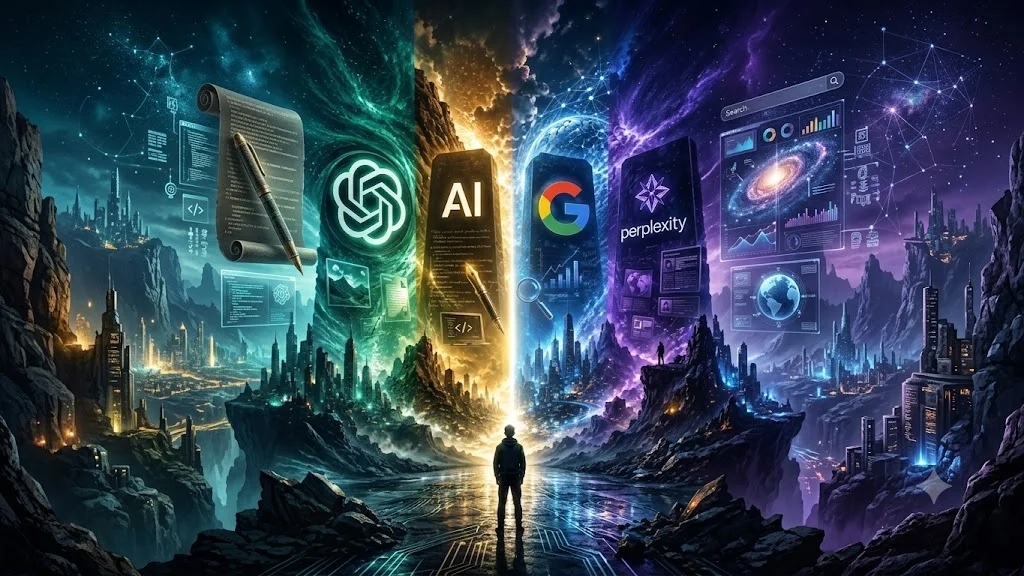 Quattro portali colorati con i loghi di ChatGPT, Google e Perplexity, con una persona di fronte a scegliere quale intelligenza artificiale usare