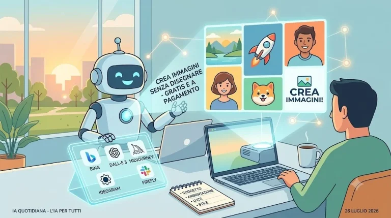 Robot che mostra a una persona al computer i loghi di Bing Image Creator, DALL-E 3, Midjourney, Ideogram e Adobe Firefly per creare immagini con l'IA