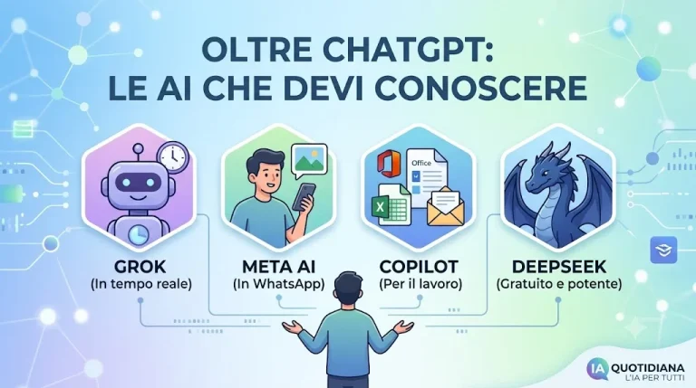 Una persona guarda quattro caselle esagonali con le icone di Grok, Meta AI, Copilot e DeepSeek, le intelligenze artificiali oltre ChatGPT