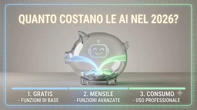 Salvadanaio trasparente con un'icona di robot sorridente e monete colorate, che rappresenta i costi delle intelligenze artificiali: gratis, abbonamento mensile, consumo professionale