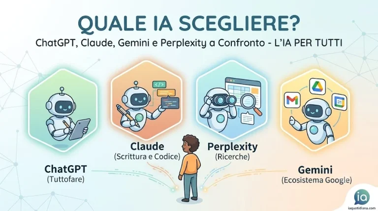 Quattro robot esagonali rappresentano ChatGPT, Claude, Perplexity e Gemini, con una persona al centro che deve scegliere quale intelligenza artificiale usare
