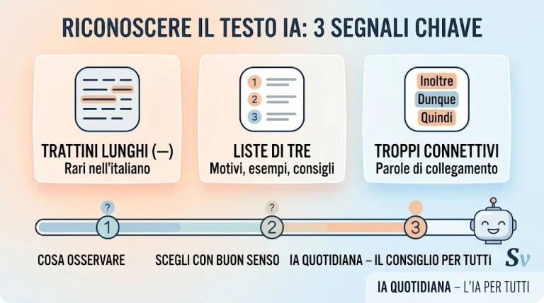 Tre segnali per riconoscere un testo scritto dall'IA: trattini lunghi rari nell'italiano, liste di tre elementi, troppi connettivi come inoltre dunque quindi