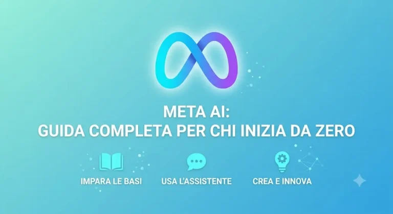 Logo Meta AI su sfondo azzurro con le scritte impara le basi, usa l'assistente, crea e innova