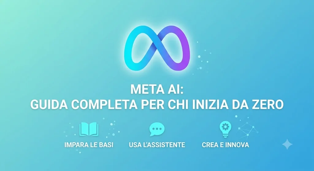 Logo Meta AI su sfondo azzurro con le scritte impara le basi, usa l'assistente, crea e innova