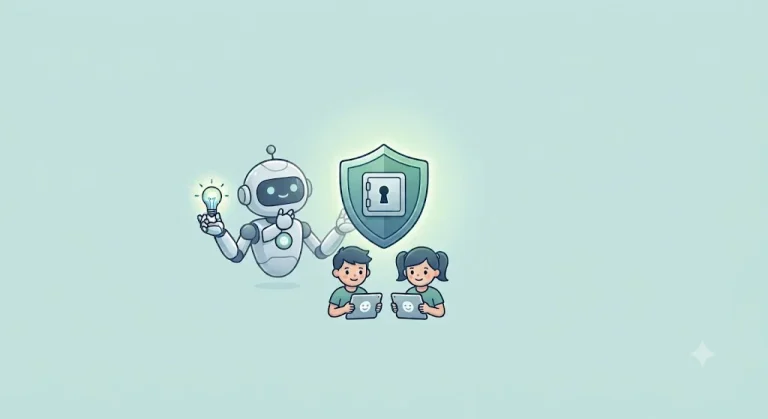 Un robot amichevole accanto a uno scudo di sicurezza con lucchetto, mentre due bambini usano dei tablet