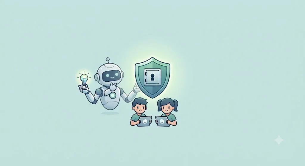 Un robot amichevole accanto a uno scudo di sicurezza con lucchetto, mentre due bambini usano dei tablet