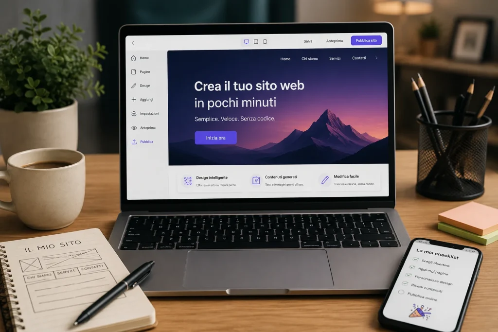 Laptop su una scrivania che mostra un generatore di siti web IA con il pulsante inizia ora, accanto a un quaderno con lo schizzo del sito e un telefono con una checklist