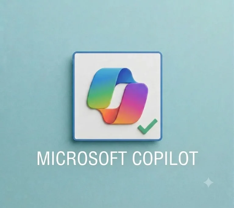Logo tridimensionale di Microsoft Copilot con un segno di spunta verde su sfondo azzurro