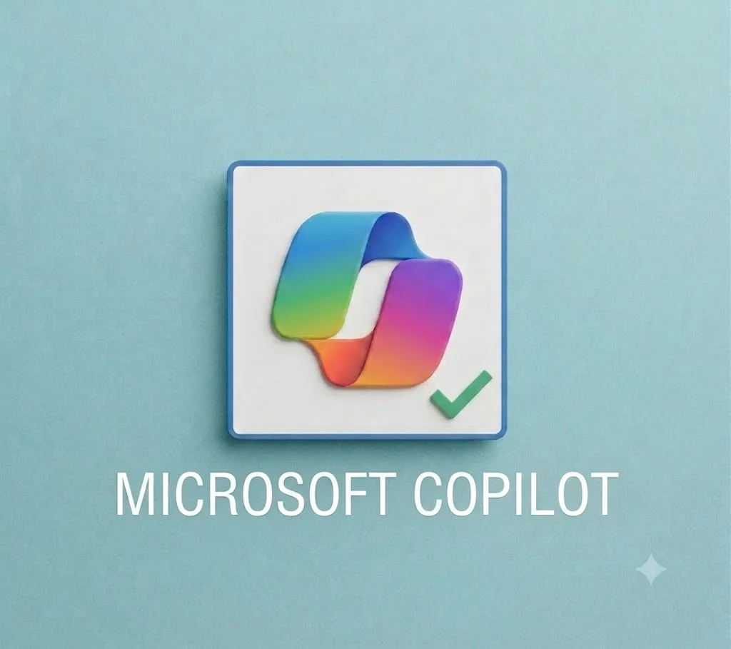 Logo tridimensionale di Microsoft Copilot con un segno di spunta verde su sfondo azzurro