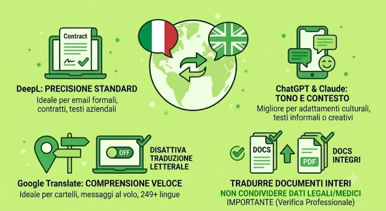 Schema che confronta DeepL per documenti formali, ChatGPT e Claude per tono e contesto, Google Translate per comprensione veloce, con un globo e bandiere italiana e inglese