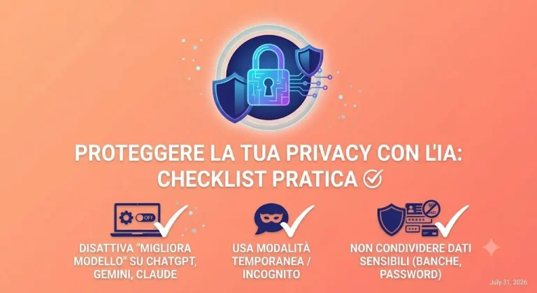 Icona di un lucchetto protetto da scudi con tre punti checklist: disattiva migliora modello, usa modalità temporanea, non condividere dati sensibili