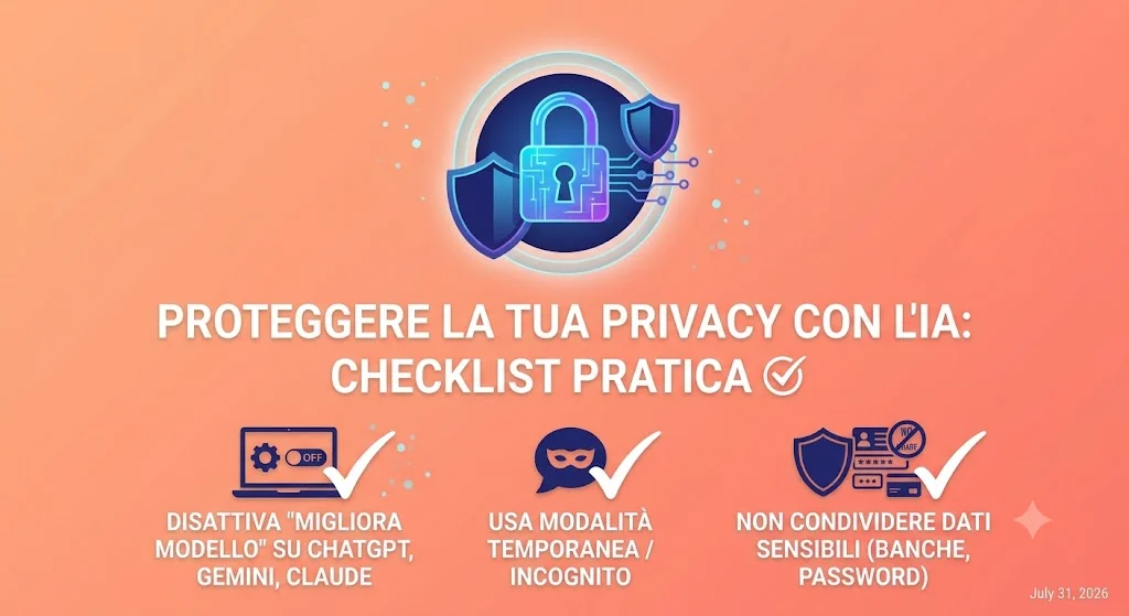 Icona di un lucchetto protetto da scudi con tre punti checklist: disattiva migliora modello, usa modalità temporanea, non condividere dati sensibili