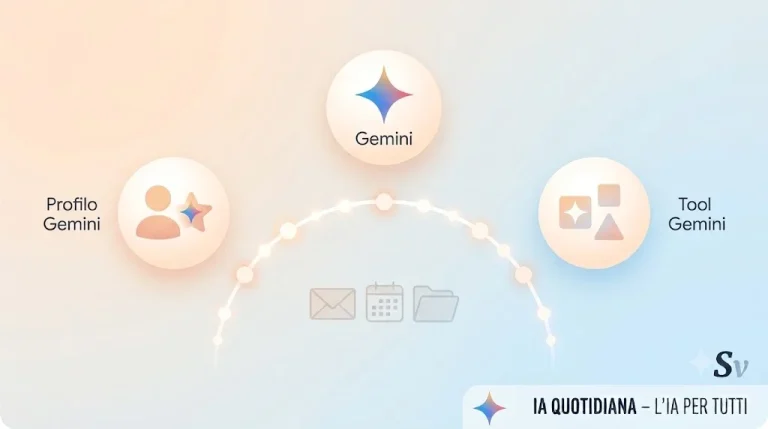 Tre cerchi collegati rappresentano profilo, Gemini e strumenti Gemini con icone di mail, calendario e cartelle