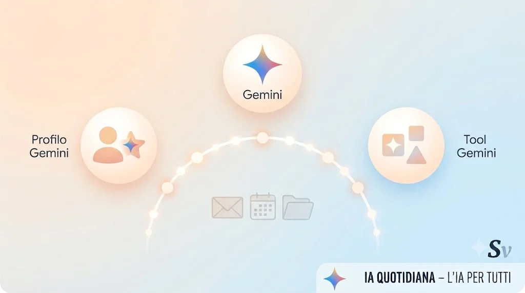 Tre cerchi collegati rappresentano profilo, Gemini e strumenti Gemini con icone di mail, calendario e cartelle