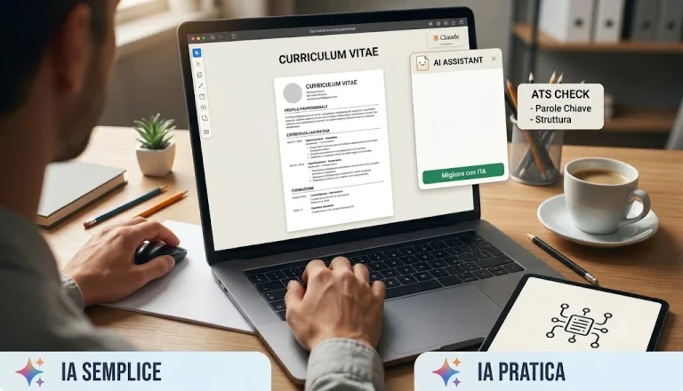 Persona al computer con un curriculum vitae aperto e un assistente IA che suggerisce miglioramenti su parole chiave e struttura ATS