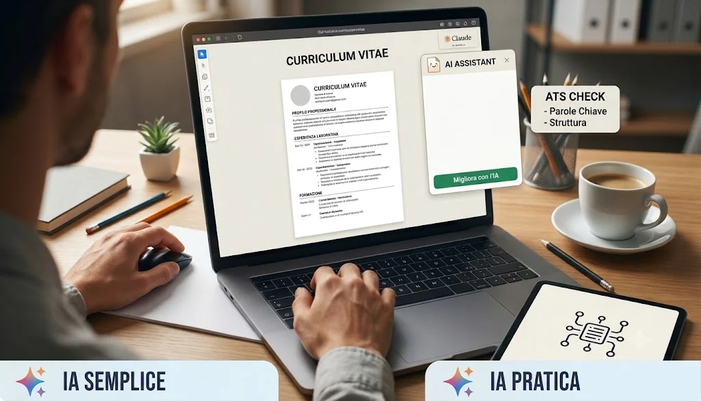 Persona al computer con un curriculum vitae aperto e un assistente IA che suggerisce miglioramenti su parole chiave e struttura ATS