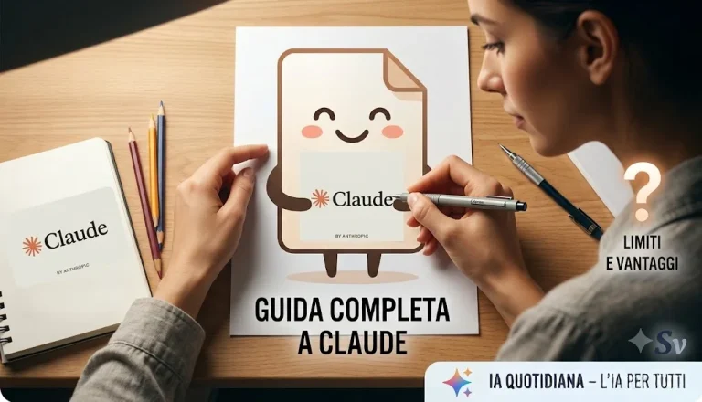 Illustrazione di un documento con il logo Claude di Anthropic e una persona che lo disegna, guida completa a Claude per principianti