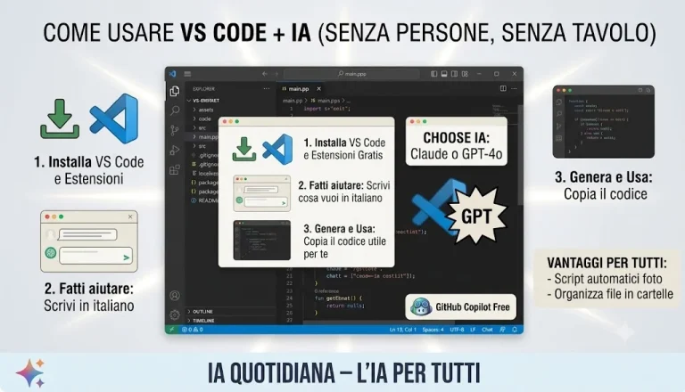 Schermata di Visual Studio Code con i passaggi per installare VS Code, scegliere Claude o GPT-4o con GitHub Copilot Free e generare codice