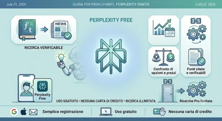 Schema con logo Perplexity Free, ricerca verificabile, fonti citate, confronto prezzi e opzioni, registrazione semplice senza carta di credito