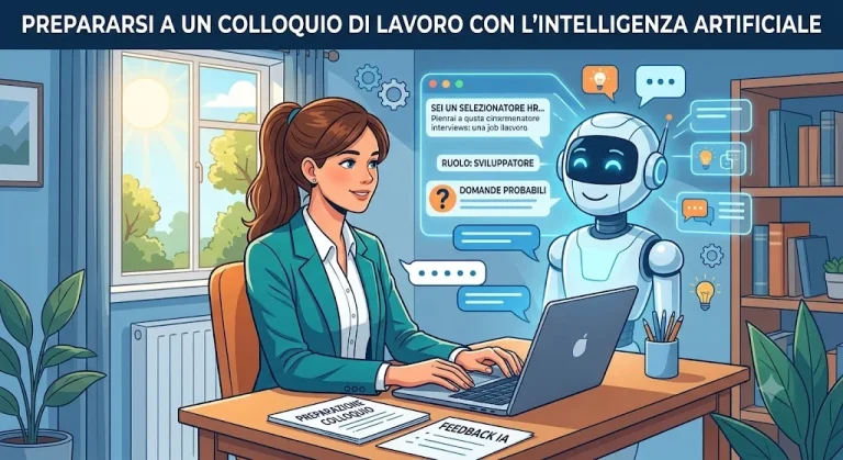 Donna al computer con un robot IA che simula un colloquio di lavoro, mostrando domande probabili e feedback