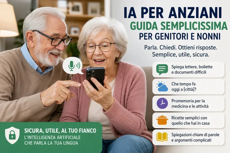 Due anziani sorridenti guardano un telefono insieme, usando il microfono per parlare con l'IA, con esempi di utilizzo come spiegare bollette, promemoria e ricette