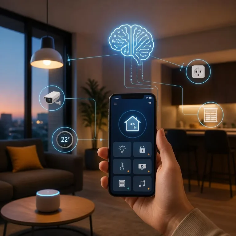 Casa intelligente automatizzata con l'intelligenza artificiale: dispositivi smart connessi come luci, prese e termostato